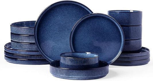 Famiware Star 16-Piece Stoneware Dinnerware Set, Service for 4 - Shallow Pasta Bowls & Flat Plates, Modern Rustic Reactive Glaze Dishes, Chip/Scratch Resistant, Microwave/Dishwasher Safe, Nebulas Blue