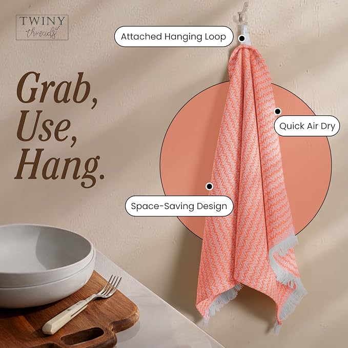 TWINY threads Kitchen Dish Towel Chevron Design, Premium Large 100% Cotton Kitchen Linen Set, Dish Rags for Drying Dishes, Absorbent Quick Drying Wash Rags, Pack of 4, 16 x 26 Inch, Orange