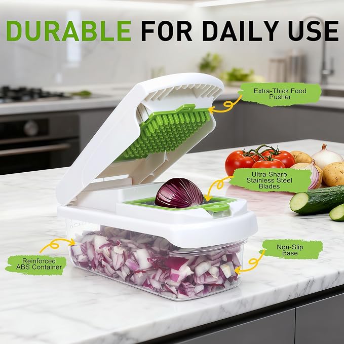 Mandoline Slicer for Kitchen, Vegetable Chopper with Adjustable Stainless Steel Blades, Fruit Slicer & Food Cutter for Potato, Onion, Cucumber, Carrot and Meal Prep, Easy to Clean
