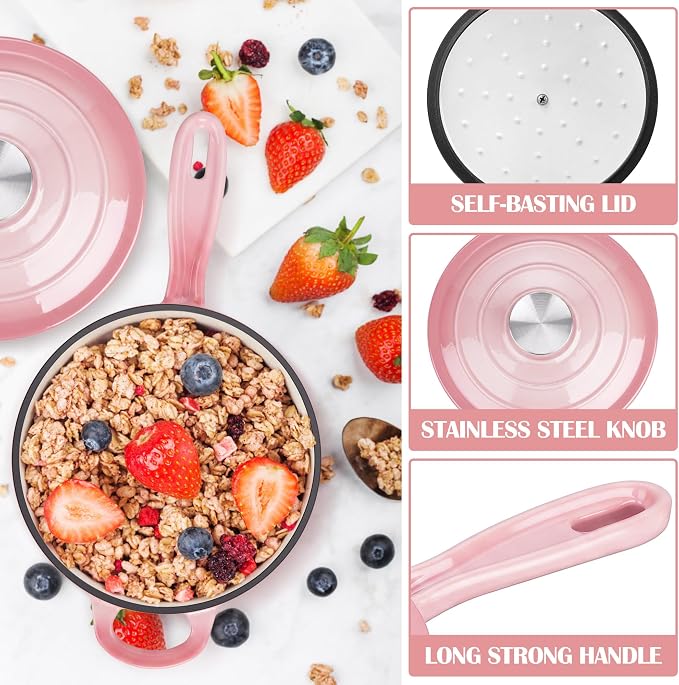 E-far Enameled Cast Iron Sauce Pan with Lid, 1 Quart Dutch Oven Saucepan, Mini Sauce Pot for Cooking, Boiling, Healthy & Non Toxic, Induction & Oven Safe, Pink
