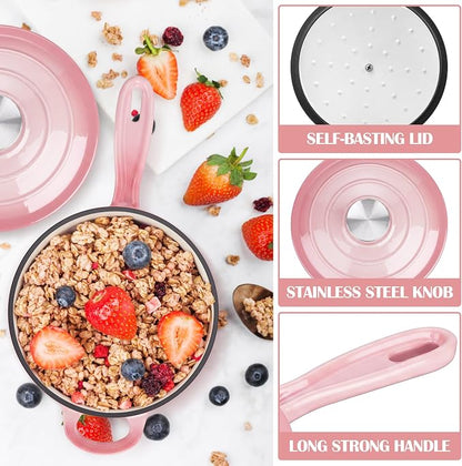 E-far Enameled Cast Iron Sauce Pan with Lid, 1 Quart Dutch Oven Saucepan, Mini Sauce Pot for Cooking, Boiling, Healthy & Non Toxic, Induction & Oven Safe, Pink