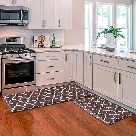 KMAT Kitchen Mat [2 PCS] 0.47in Cushioned Anti-Fatigue Kitchen Rug, Waterproof Non-Skid Heavy Duty PVC Ergonomic Comfort Standing Mat for Floor, Brown