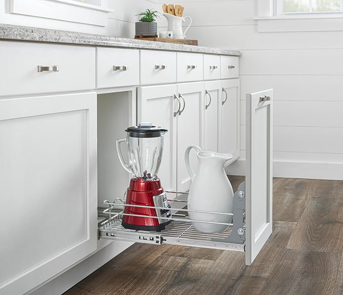 Rev-A-Shelf Steel Wire Pullout Drawer Organizer Shelf for Kitchen Cabinets, Slide Out Storage Basket, Min Opening Width of 11.5" W, 12" x 22", 5WB1-1222CR-1