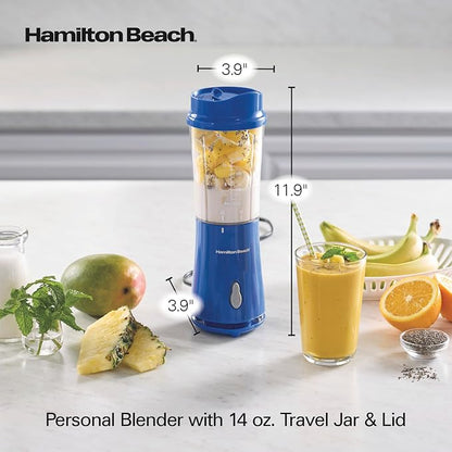 Hamilton Beach Portable Blender for Shakes and Smoothies, 14 Oz BPA Free Travel Cup & Lid, Durable Stainless Steel Blades, Personal Smoothie Blender, Blue, 51132G