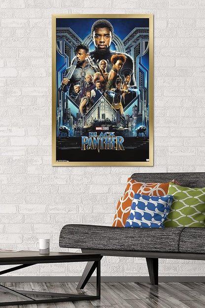 Trends International Marvel Cinematic Universe - Black Panther - Group One Sheet Wall Poster, 22.375" x 34", Gold Framed Version