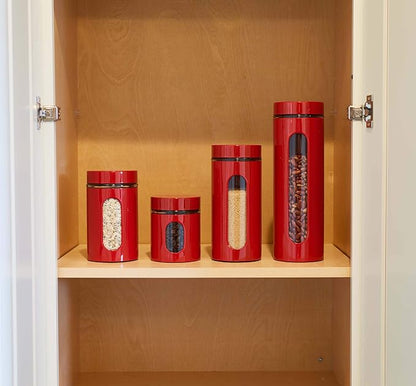 Quality Modern Red Stainless Steel Canister Set for Kitchen Counter with Glass Window & Airtight Lid - Food Storage Containers with Lids Airtight - Pantry Storage and Organization Set