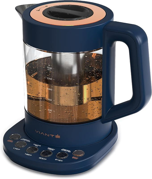 Viante Alba Electric Tea Kettle with Infuser, No Plastic In Contact With Water, 1.5L Borosilicate Glass, 304 Stainless Steel, 4 Temp Presets, Keep Warm, Cordless, Auto Shut-Off, Midnight Blue