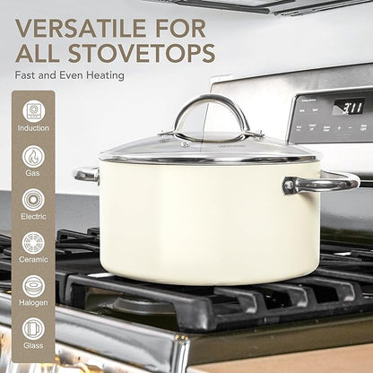 MICHELANGELO Stock Pot with Lid, Nonstick Cooking Pot, 5 Quart Soup Pot with Lid, Non Stick Pots with Stainless Steel Handle, Induction Compatible, Cream