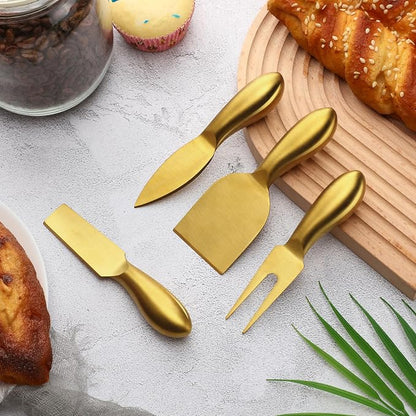 Funnymoom 4 Pcs Gold Cheese Knives Set Stainless Steel Cheese Tools with Slicer and Cutters for Kitchen Board Knife Set for Kitchen Summer Christmas Accessories Housewarming Gift