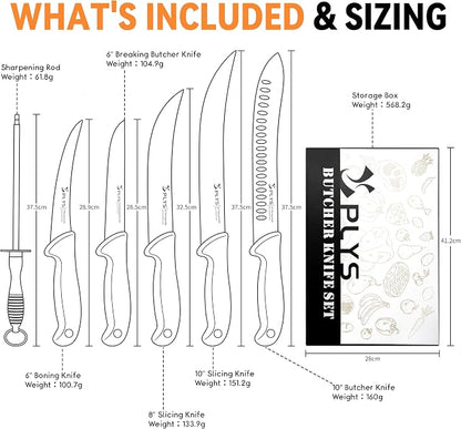 Plys Butcher Knife Set 7-PCS: 6 inch Boning Knife for Meat Cutting and Game Processing - 4Cr13Mov Stainless Steel BBQ and Outdoor Activities Skinning Knives