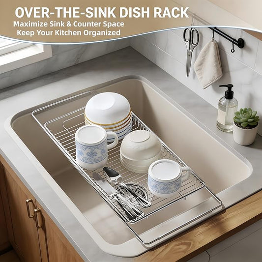 Expandable Over The Sink Dish Drainer Drying Rack, Stainless Steel Metal, Small Adjustable Dish Drainer Drying Rack for Kitchen Counter, Space Saving for Compact Kitchen