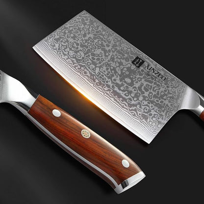 XINZUO 7 Inch Chinese Meat Cleaver Knife-Real 67 Layers Damascus Butcher Knife-Suitable for Meat/Vegetable Cleaver-Ultral Sharp-Natural Rosewood Handle-Yu Series
