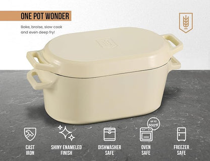 KooK Oval Loaf Shaped Cast Iron Dutch Oven for Bread Baking, 3.4 Qt Sourdough Dutch Oven with Lid, Enameled, Lid Lever, Dual Handles, Dishwasher Safe, 500°F Ivory