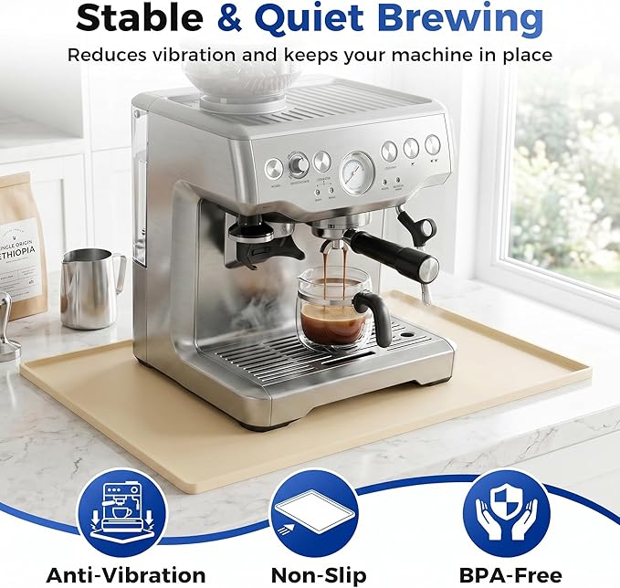 Golener Silicone Coffee Mat - 24" x 16" Coffee Bar Mat for Countertop with Raised Edges, Kitchen Station Pad, Accessories Fit Under Coffee Machine, Waterproof Dish Drying Mat, Heat Resistant, Beige