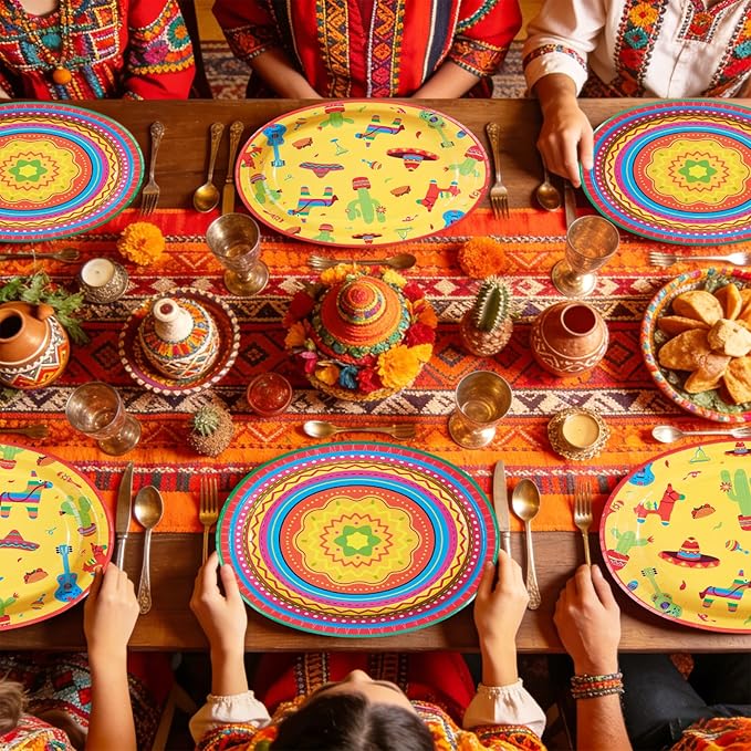 50Pcs Mexican Fiesta Oval Paper Plates 10" x 12" Large Heavy Duty Taco Carnival Disposable Plates Mexican Theme Cinco de Mayo Dessert Platters for Taco Tuesday Birthday Party Supplies Decor
