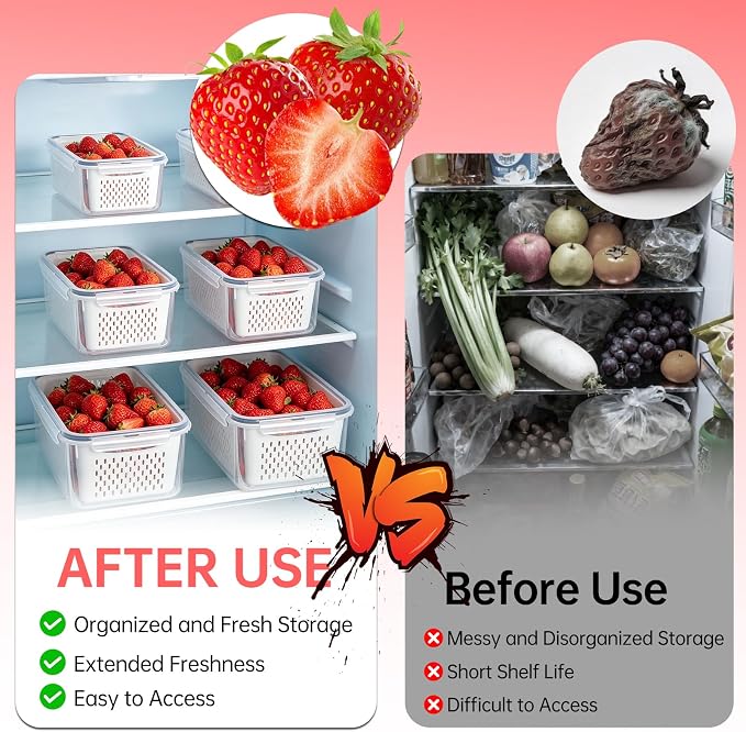 Fruit Containers for Fridge with Removable Colander, 5 Pack Strawberry Storage Containers for Fridge, Containers with Lids, Keep Strawberries, Berries Fresh for Longer