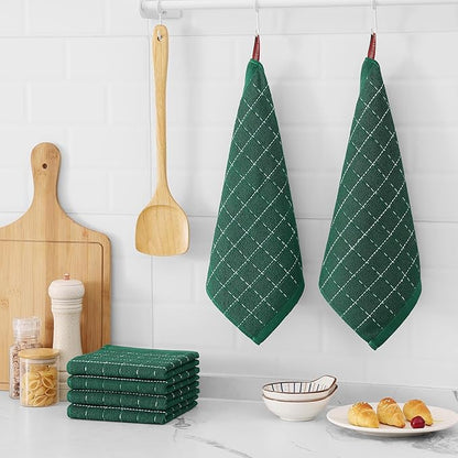 Mordimy 100% Cotton Terrycloth Kitchen Towels and Dishcloths Sets, Soft and Absorbent Checkered Dish Towels, Quick Drying Dish Rags for Washing Dishes, 4 Pack 16" x 26" & 4 Pack 12" x 12", Dark Green