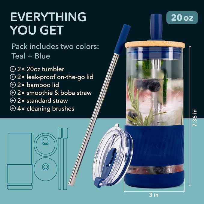 Pandaloo® Glass Cups With Lids and Straws -20 Fl Oz- Perfect Size Iced Coffee Cup - Smoothie Cup With Bamboo Lid and On the go Lid - Glass Tumbler (2 Count (Pack of 1), Intense Teal-Galactic Blue)