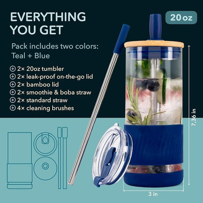 Pandaloo® Glass Cups With Lids and Straws -20 Fl Oz- Perfect Size Iced Coffee Cup - Smoothie Cup With Bamboo Lid and On the go Lid - Glass Tumbler (2 Count (Pack of 1), Intense Teal-Galactic Blue)