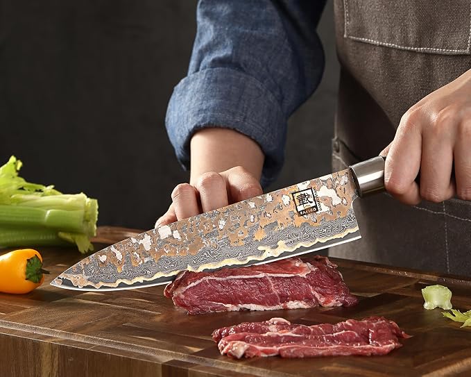 zayiko Damascus Chef Knife 8.8 Inch, VG10 Core Kitchen Knife for Meat, Fish & Vegetables, 67-Layer Copper Damascus Steel, Maple Root Wood Handle, Wooden Gift Box