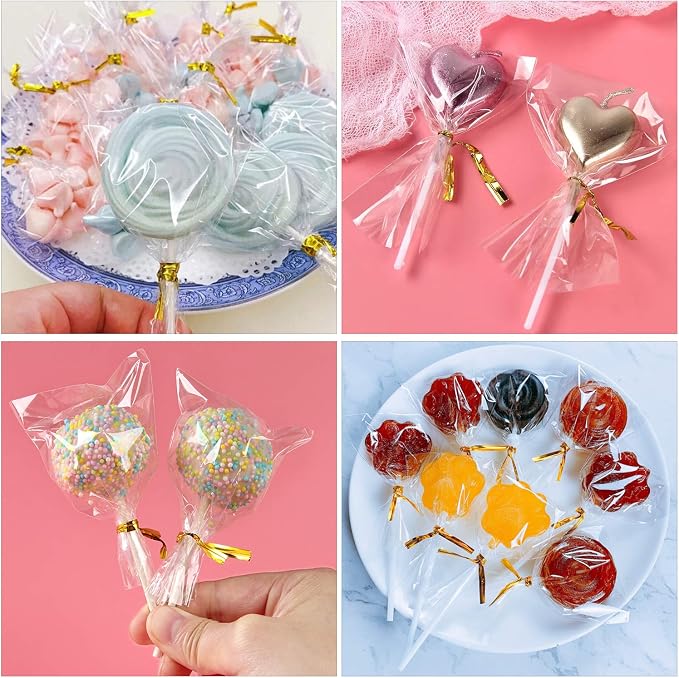 1200PCS Lollipop Cake Pop Treat Bag Set Including 400pcs Parcel Bags, 400pcs Papery Treat Sticks, 400pcs Gold Metallic Twist Ties for Making Lollipops, Cake Pops, Candies, Chocolates and Cookies