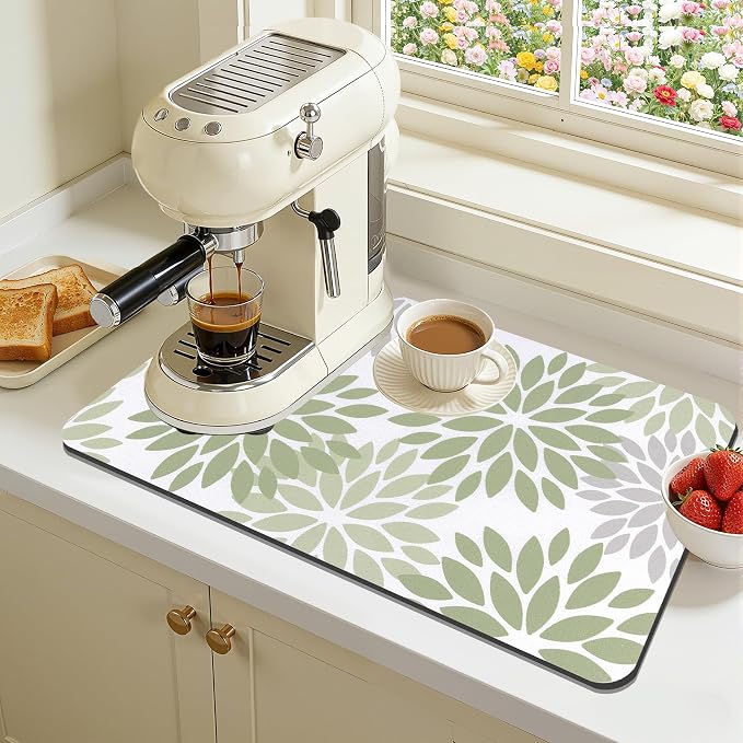 Findosom Floral Dish Drying Mat, 12" x 20" Super Absorbent & Hide Stain Coffee Mat, Cuttable Drying Mat for Kitchen Counter, Under Dish Rack, Coffee Maker, Espresso Machine, Sage Green
