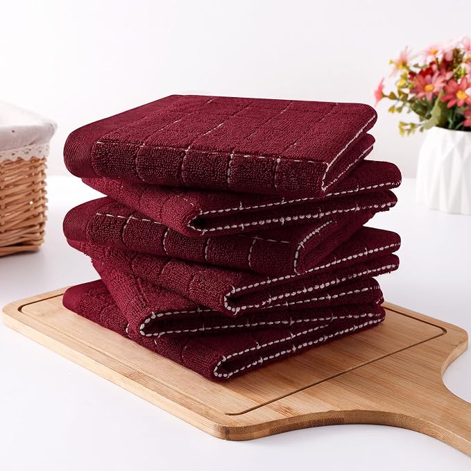 Homaxy 100% Cotton Terry Kitchen Dish Cloths, Ultra Soft and Absorbent Dish Towels for Kitchen, Suitable for Drying and Washing Dishes, 12 Pack, 12 x 12 Inches, Burgundy Red