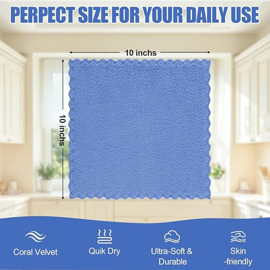 Kitinjoy 24 Pack Kitchen Cloths Dish Towels (10" x 10", Sky Blue), Super Soft and Absorbent Dish Cloths, Nonstick Oil Fast Drying Coral Velvet Microfiber Cleaning
