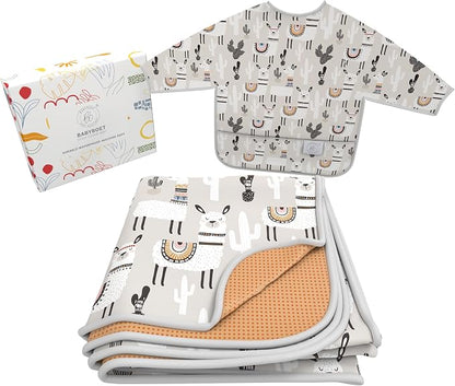 Splat Mat for Baby – Under High Chair Floor Mat Protects Wood, Vinyl and Carpet from Spills – Waterproof 4 Layer Baby Mat Bundle with Waterproof Matching Smock (51” x 51”)