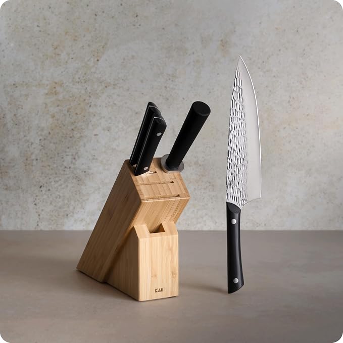 Kai PRO 5 Piece Slimline Block Set, Includes 8" Chef, 3.5" Paring and 6" Utility Knives, Knife Block Set, Japanese AUS6M Stainless Steel Blades, Full-Tang POM Handles
