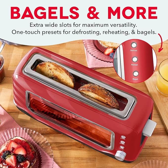 Dash Clear View Toaster, 10.5" Long Slot 2 Slice Toaster with See-Through Glass Window, 7 Browning Levels, Bagel, Defrost & Reheat Functions, Removable Glass Panel, Crumb Tray - Red