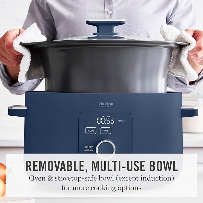 Martha Stewart 8 QT Slow Cooker, Programmable with Timer, 3 Heat Settings (Low, High, Warm), Nonstick Ceramic Removable Crock, Stovetop & Oven Safe, Glass Lid, Simmer, Reheat, Warm, Indigo