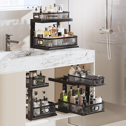 1 Pack 15IN-Depth Under Sink Organizer with Next-Gen Ball-Bearing Slides,2-Tier Precision Mesh Pull Out Cabinet Storage for Bathroom&Kitchen,Height Adjustable Drawers Shelf,Anti-Rust-Black