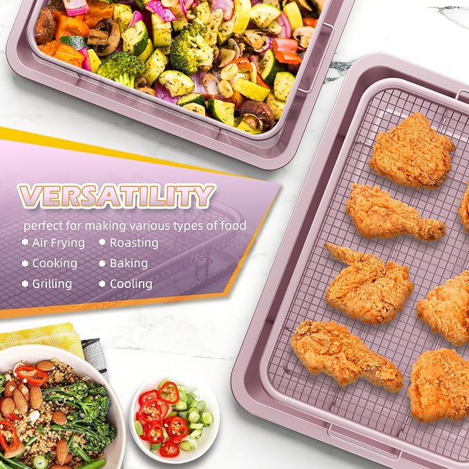 Oven Air Fryer Basket and Tray, OPENICE 2 Set Air Fryer Basket and Tray for Oven with 60 Pcs Parchment Paper, Air Fryer Pan Crisper Tray for Baking, Crisping - Pink