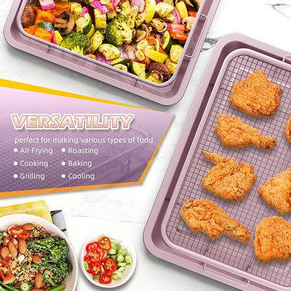 Oven Air Fryer Basket and Tray, OPENICE 2 Set Air Fryer Basket and Tray for Oven with 60 Pcs Parchment Paper, Air Fryer Pan Crisper Tray for Baking, Crisping - Pink