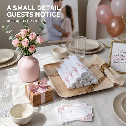 Prerolled Disposable Bamboo Cutlery Set – 50 Pack Pre Wrapped Silverware and Napkin Bundle with Forks, Knives, Spoons for Parties, Weddings, Events, and BBQ (Pink String)