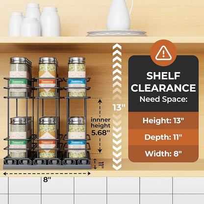 Mystozer Pull Out Spice Rack Organizer for Cabinet, Slide Out Spice Racks, Easy to Install Spice Cabinet Organizers, 7.4" Wx10.43 Dx8.26 H, 3 Drawers 2 Tiers(Black)