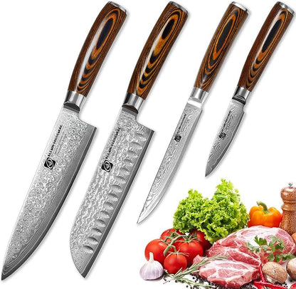 4Pcs Damascus Knife Set, VG10 Steel Core Damascus Kitchen Knife Set with G10 Handle, 8" Chef, 7" Santoku, 5" Utility & 3.5" Paring Knife for Cooking Enthusiasts & Restaurants