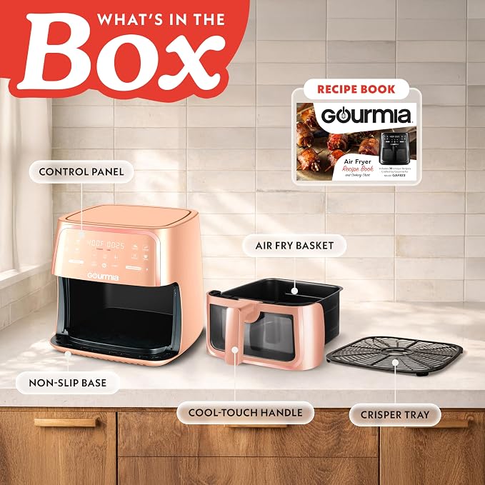 Gourmia 8 Qt Air Fryer, 8 Presets with Digital Display, FryForce 360° Technology, Easy View Window & Interior Light, Dishwasher Safe Basket, Peach