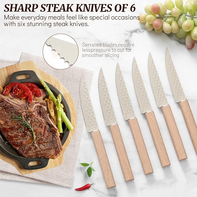 Knife Block Set, 12 Pieces Kitchen Knife Set with In-drawer Knife Block, Stainless Steel Knife Set with 6PCS Steak Knives, Ultra Sharp Non-stick Coating Chef Knife Set,Drawer Knife Organizer (Khaki)