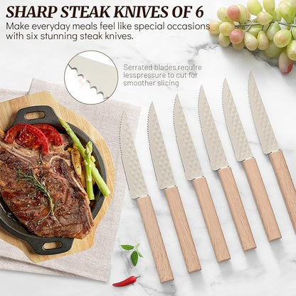 Knife Block Set, 12 Pieces Kitchen Knife Set with In-drawer Knife Block, Stainless Steel Knife Set with 6PCS Steak Knives, Ultra Sharp Non-stick Coating Chef Knife Set,Drawer Knife Organizer (Khaki)
