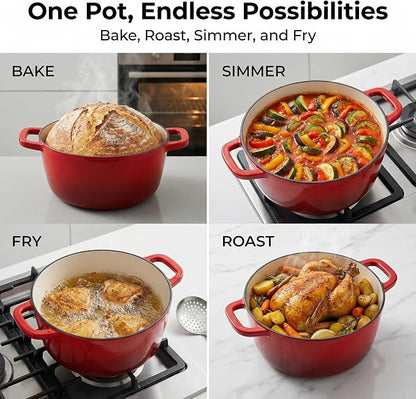 5QT Enamel Cast Iron Dutch Oven with Lid,Dual Handles,Versatile Heavy-Duty Non-toxic Cookware for Sourdough Bread Baking,Braising,Stews,Roasting,Oven Safe up to 500°F red