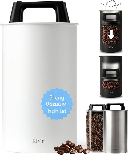 KIVY Vacuum Coffee Canister - Push Lid Preserves Coffee Aroma & Oil - Stainless Steel Airtight Coffee Canister - Container for Ground & Coffee Bean Storage - Storage Jar - Removes Excess Air