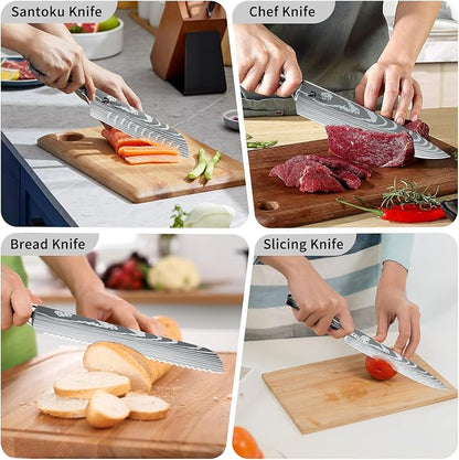 Dfito Chef Knife Sets with Roll Bag, 9 Pieces Professional Knife Set with Sharpener, High Carbon Stainless Steel Kitchen Chef Knife Set, Black Resin Handle, Dishwasher Safe