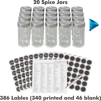 New England Stories Revolving Spice Rack Set with 20 Spice Jars, Kitchen Spice Tower Organizer for Countertop or Cabinet - Carousel Storage Includes 386 Spice Labels (Silver)