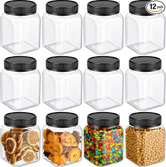 Nosiny 12 Pcs 24 oz Clear Plastic Jars with Lids Square Plastic Container Large Candy Jars with Screw on Lids Refillable Kitchen Storage Containers for Dry Food, Coffee (Black)