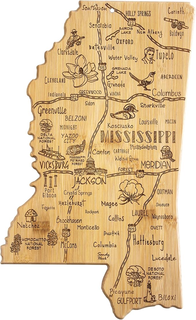 Totally Bamboo Destination Mississippi State Shaped Serving and Cutting Board, Includes Hang Tie for Wall Display
