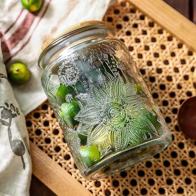 Custde Vintage Glass Jar with Bamboo Lid, 23.7 FL oz - Airtight Decorative Food Storage Canisters for Kitchen Counter, Ideal for Candy, Sugar, Coffee, Cookies (Sunflower*2)
