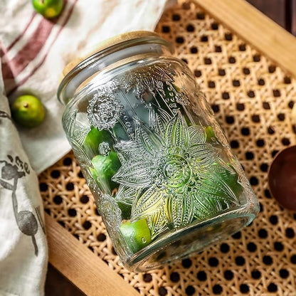 Custde Vintage Glass Jar with Bamboo Lid, 23.7 FL oz - Airtight Decorative Food Storage Canisters for Kitchen Counter, Ideal for Candy, Sugar, Coffee, Cookies (Sunflower*2)
