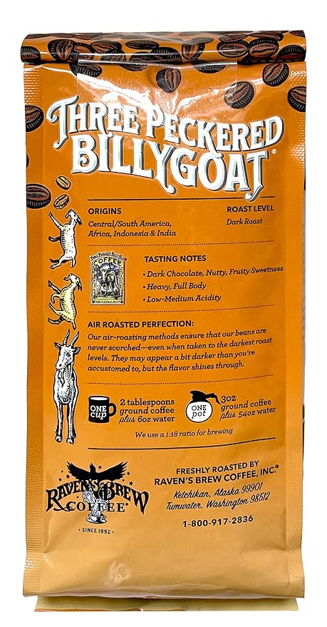 Raven's Brew Coffee Bold Organic Coffee Dark Roast Whole Bean - Organic Three Peckered Billy Goat 12oz